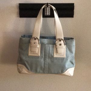 VINTAGE Coach Huge White Leather & Light Blue Jacquard